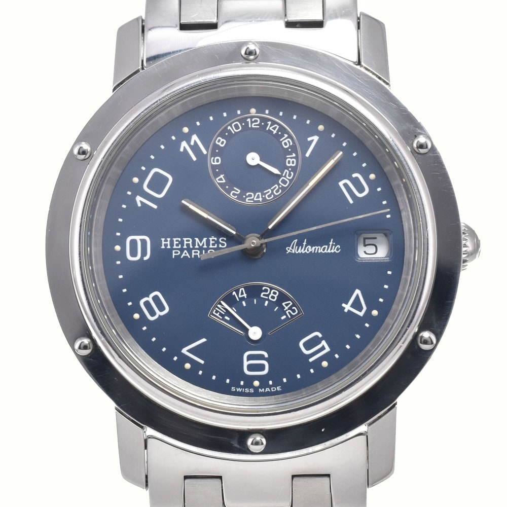 エルメス HERMES CL5.710 クリッパー GMT パワーリザーブ デイト ブルー 自動巻き メンズ 良品 腕時計 M#148406
