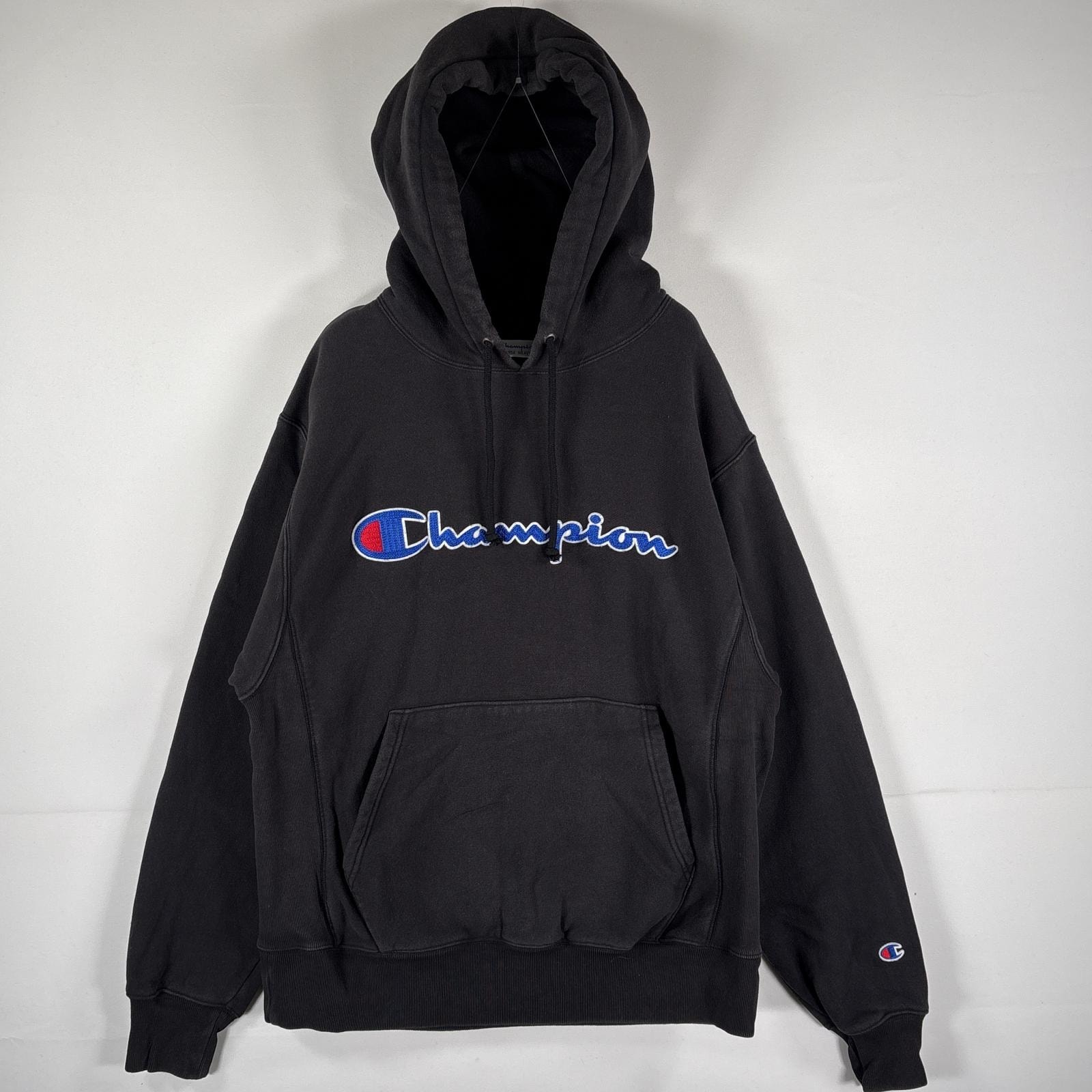古着 チャンピオン Champion パーカー リバースウィーブ 復刻 ヘビーウェイト ブランドロゴワッペン MEDIUM(JPN XL)  ブラック メンズ