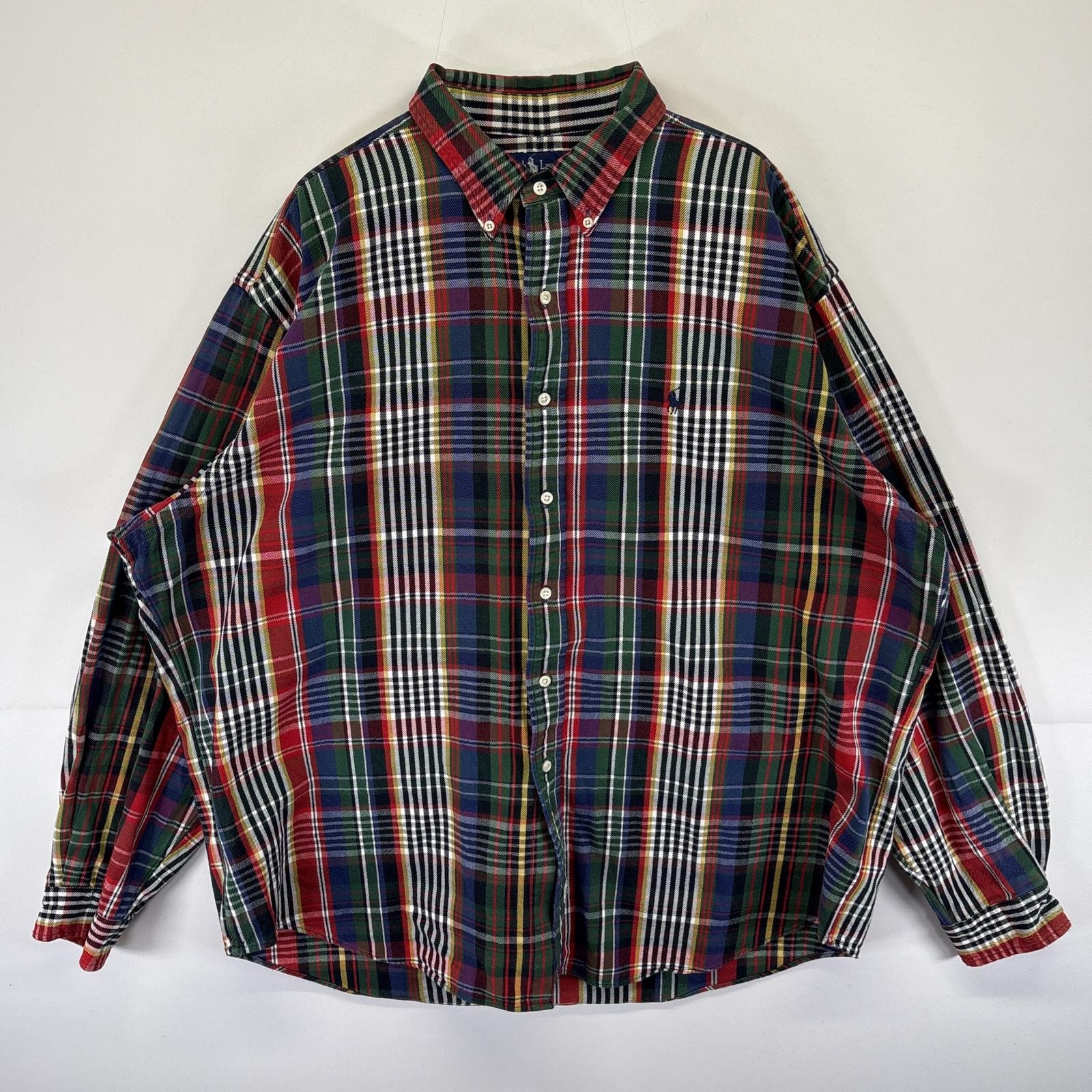 古着 90's/90年代 ラルフローレン RALPH LAUREN 長袖 ヘビーネルシャツ ワンポイントロゴ刺繍 ボタンダウン 14041  レッド メンズ