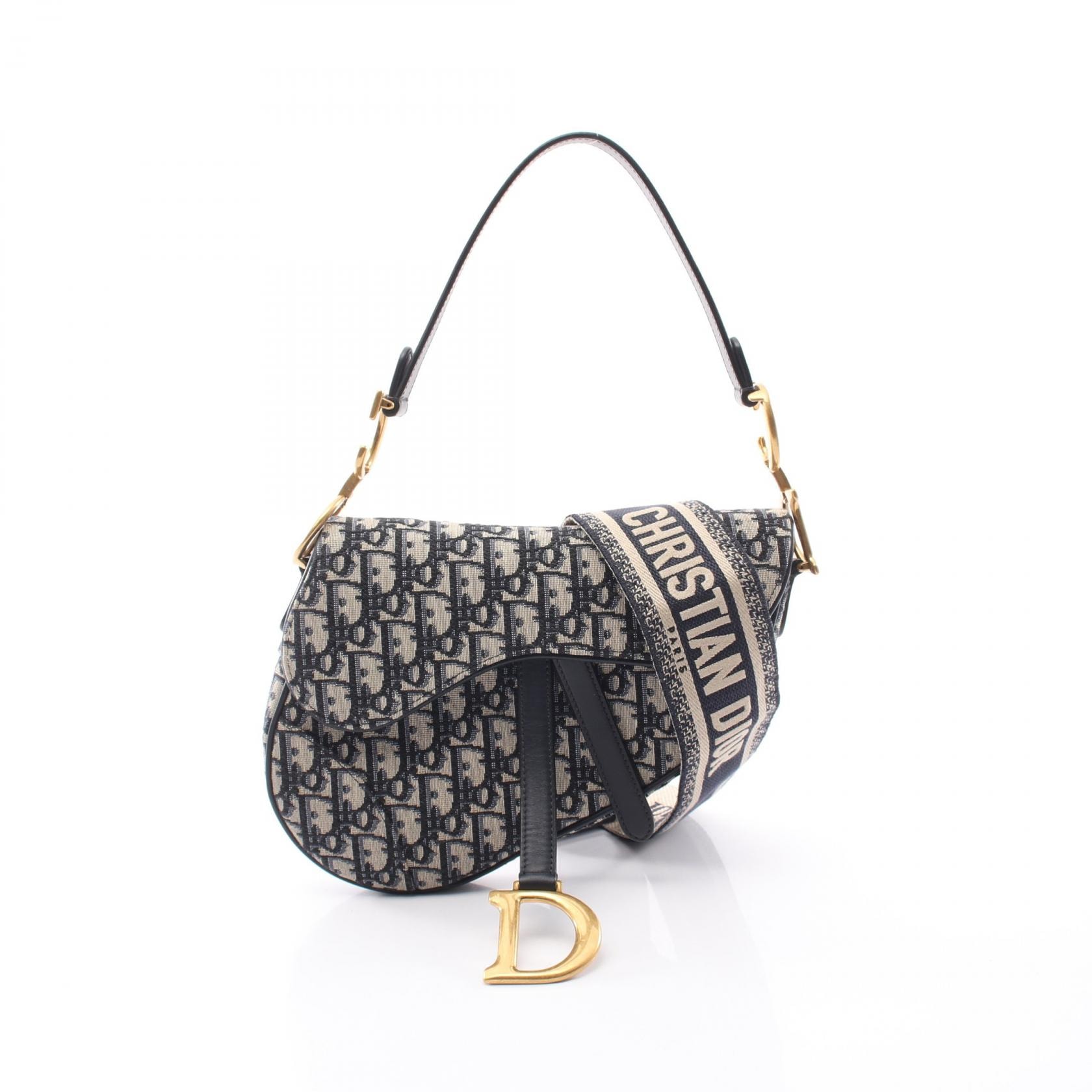 ディオール Dior サドルバッグ オブリークジャカード 2WAY ハンドバッグ バッグ キャンバス レザー レディース ネイビー系 / ベージュ系 【中古】