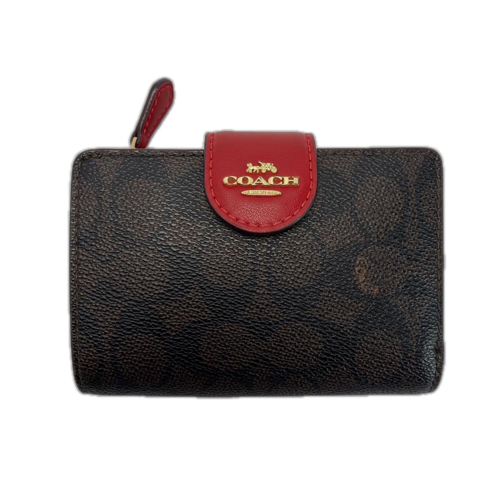 COACH コーチ 2つ折り財布 CW786 ダークブラウン×レッド レディース