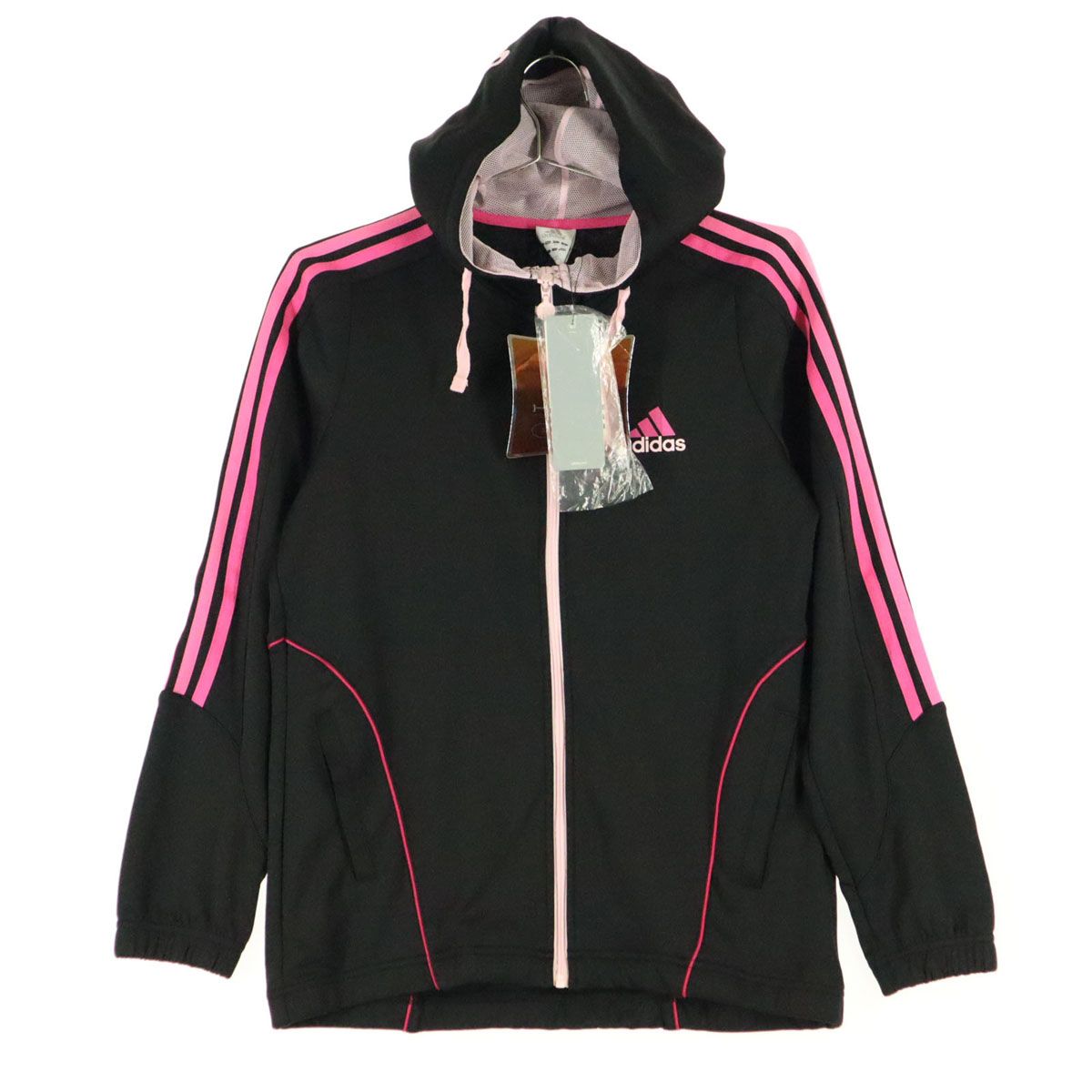 美品 adidas アディダス ワンポイントロゴ 長袖 パーカー L ブラック×ピンク スポーツ