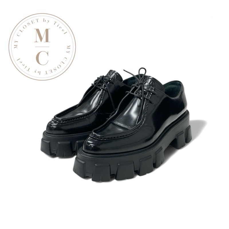 プラダ PRADA モノリス ローファー 革靴 靴 シューズ レザー ブラック 黒 レースアップシューズ