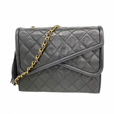 【6dc3384-k】シャネル ショルダーバッグ マトラッセ フリンジ付きチェーンショルダー ラムスキン ブラック ゴールド金具【中古】レディース