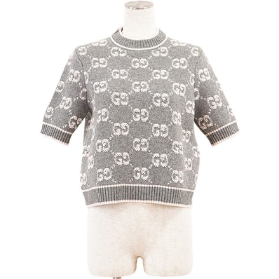 【未使用】GUCCI グッチ ニット レディース サイズ S GGスプリーム モノグラム インターシャ ウール100% ミドルゲージ プルオーバー クルーネック ショートスリーブ 丸首 半袖 トップス タグ付属 グレー ライトピンク 灰色 桃色 イタリア製