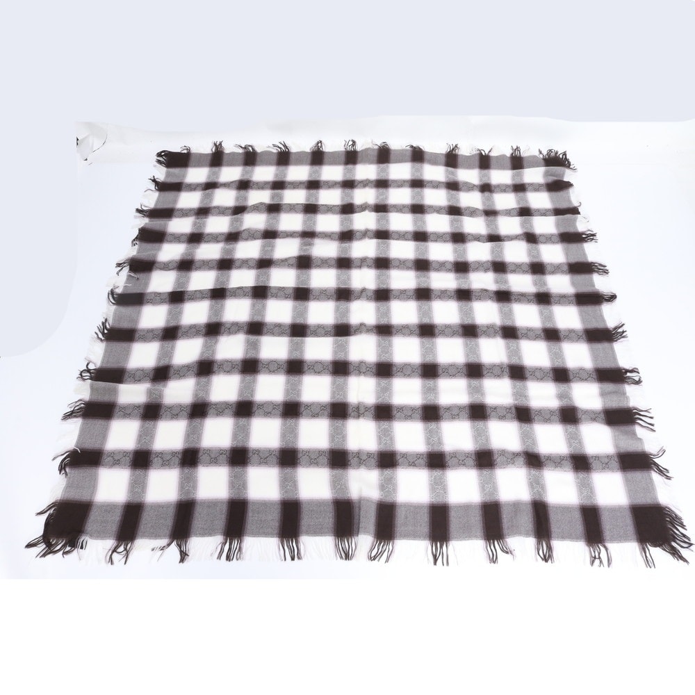 ■美品 グッチ GG チェック 総柄 フリンジ シルク 混 絹ストール