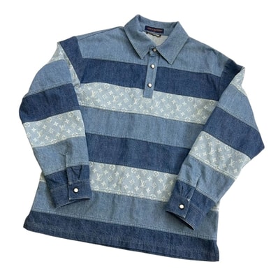 LOUIS VUITTON ルイ・ヴィトン モノグラム パッチワーク ロングスリーブ デニムポロシャツ 長袖シャツ 1AFQBU L コットンデニム デニム ブルー メンズ【中古】