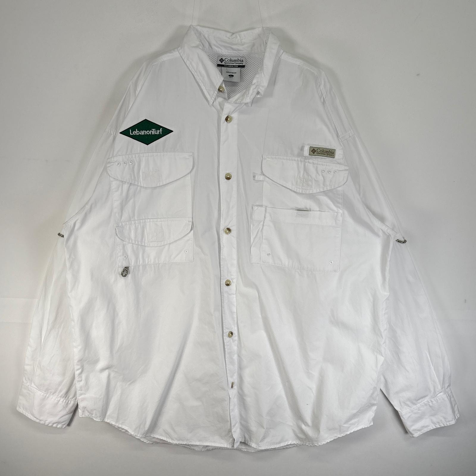 古着 コロンビア Columbia 長袖シャツ PFG フィッシングギア ワンポイント ロゴ フラップポケ L ホワイト 無地 メンズ