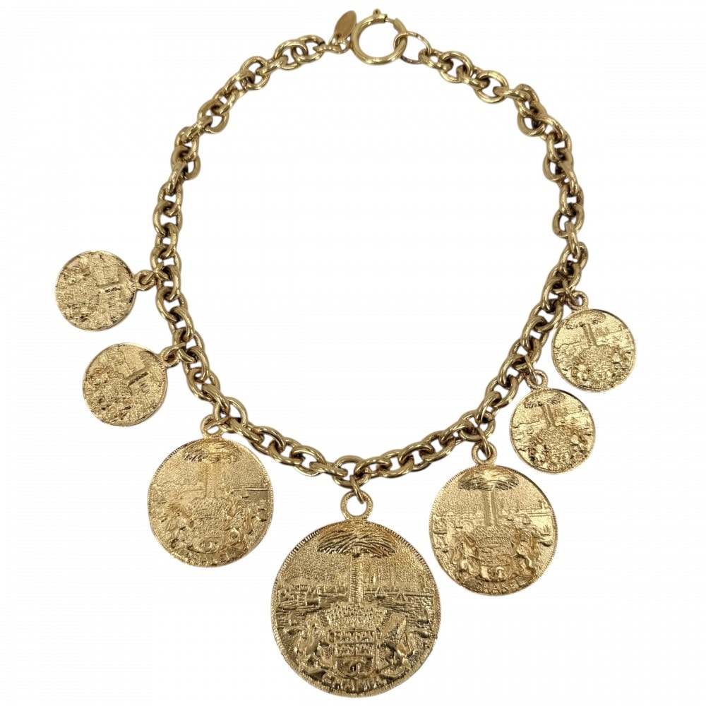 CHANEL シャネル ネックレス ココマーク ココ チェーン ヴィンテージ ラウンド コインモチーフ メダル アクセサリー GP ゴールド レディース 約118.2g【中古品】