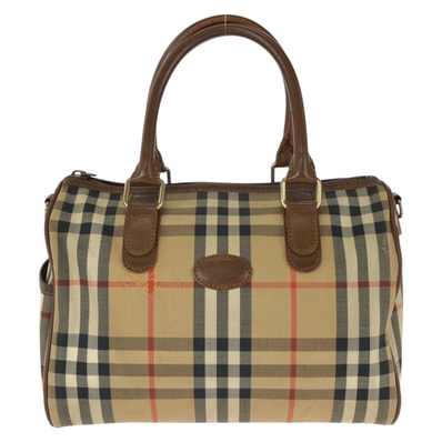 美品 BURBERRY バーバリー ヴィンテージ チェック柄 ベージュ ブラウン ゴールド金具 キャンバス レザー/ ハンドバッグ ミニボストンバッグ 604103 【中古】