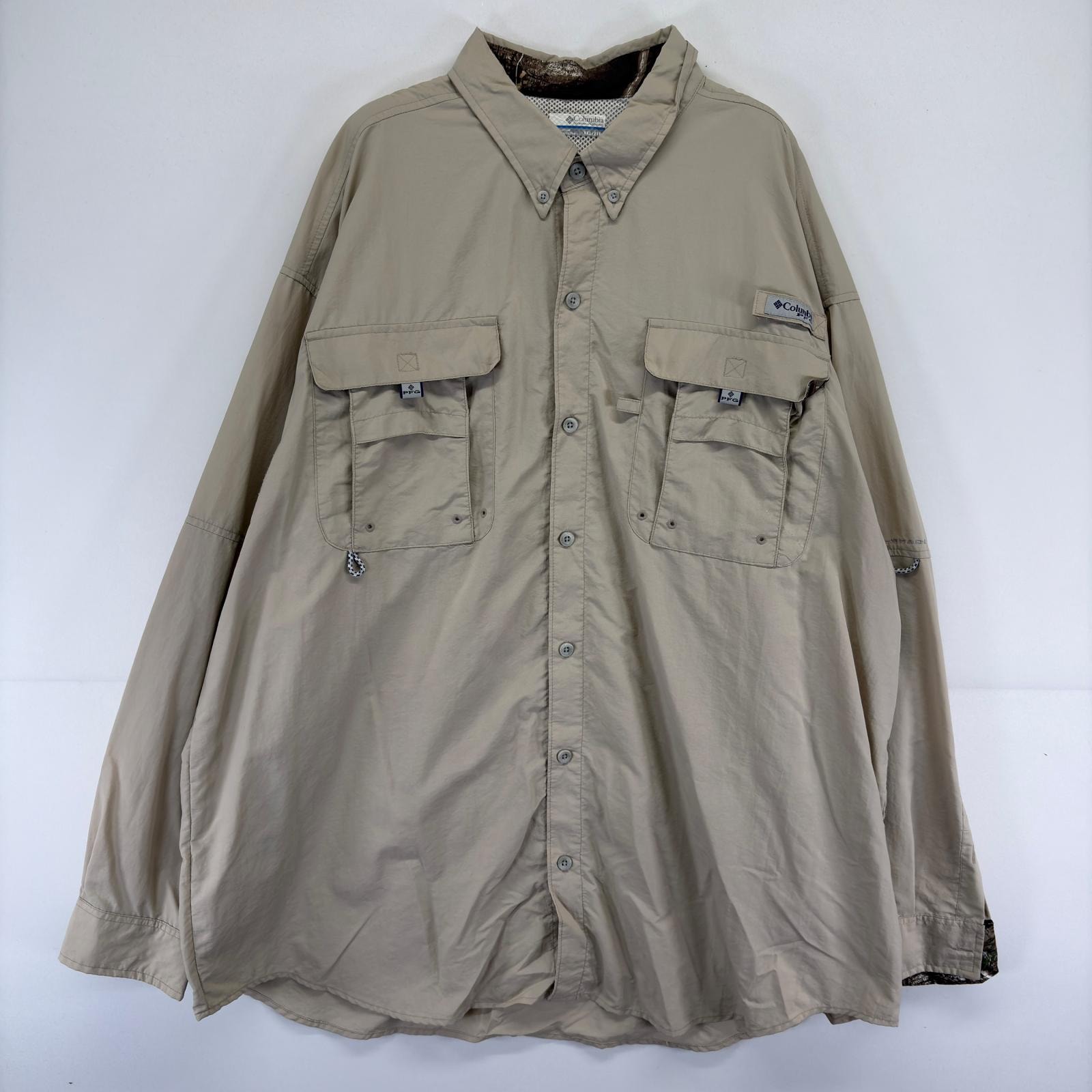 古着 コロンビア Columbia 長袖シャツ 胸ポケット 大きいサイズ PFG リアルツリー フィッシングシャツ 2XL  ベージュ メンズ