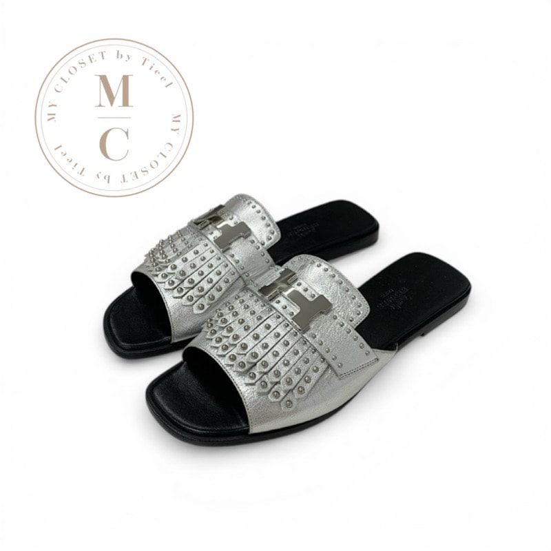 エルメス HERMES サンダル 靴 シューズ レザー シルバー スタッズ フリンジ コンスタンス ミュール