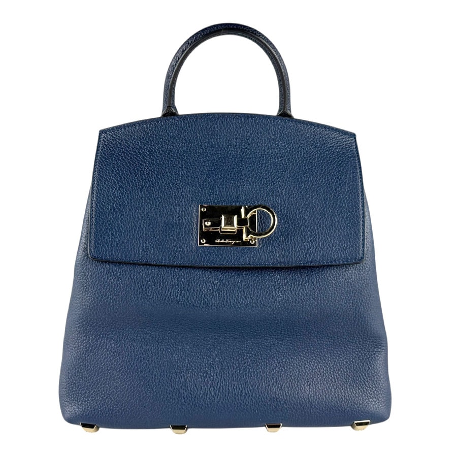 サルヴァトーレフェラガモ Salvatore Ferragamo リュック ガンチーニ レザー ネイビー ゴールド レディース【中古】 z8568