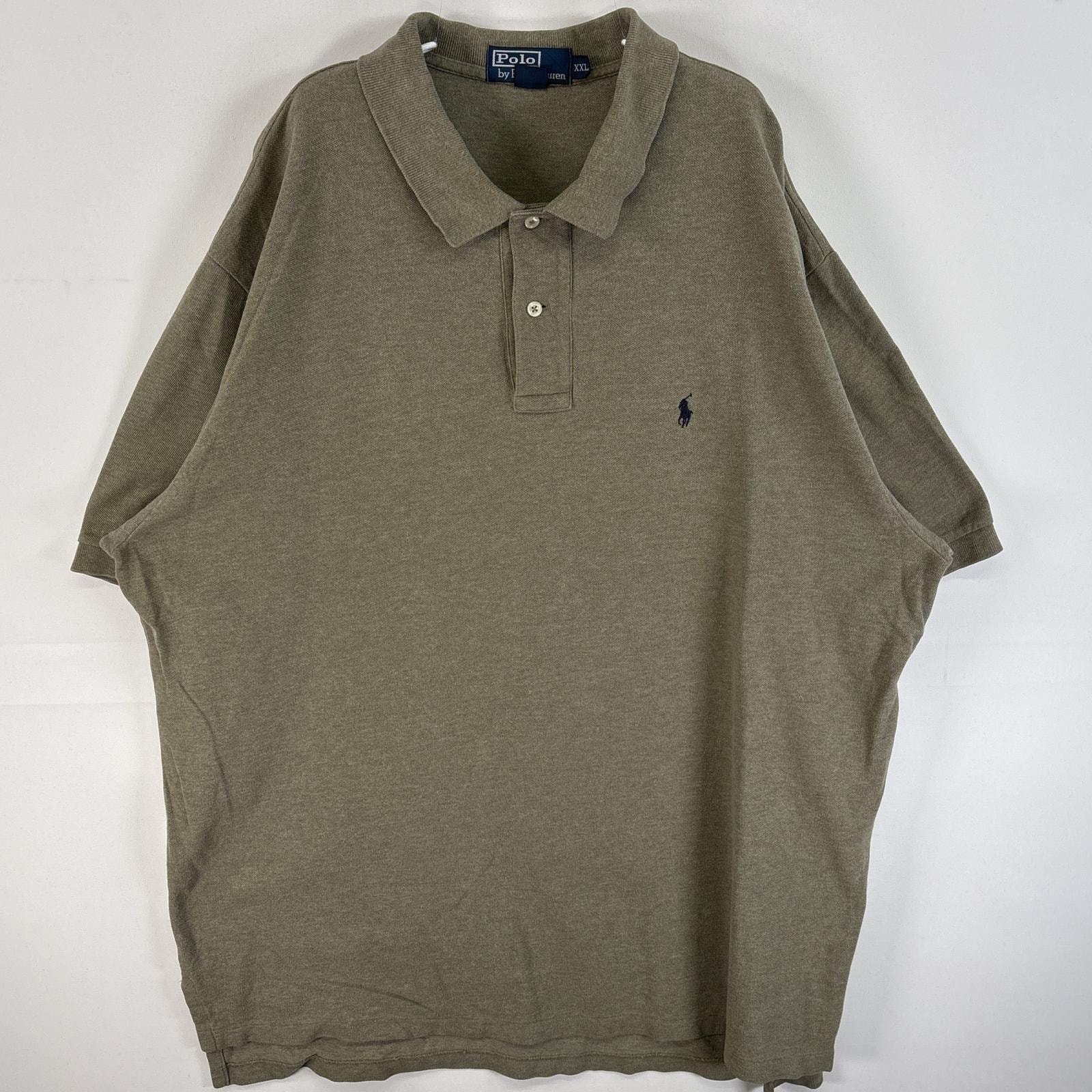 古着 90's/90年代 ポロバイラルフローレン Polo by Ralph Lauren 鹿の子 半袖 ポロシャツ ワンポイント ロゴ 刺繍 大きいサイズ 2ボタン 14041  カーキ系 無地 メンズ