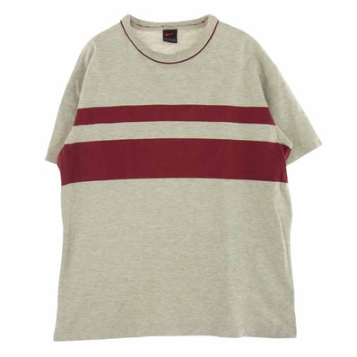 NIKE ナイキ Tシャツ 90s?00s ボーダー プリント スウォッシュ ロゴ刺繍 半袖 Tシャツ グレー系 エンジ系 XL【中古】