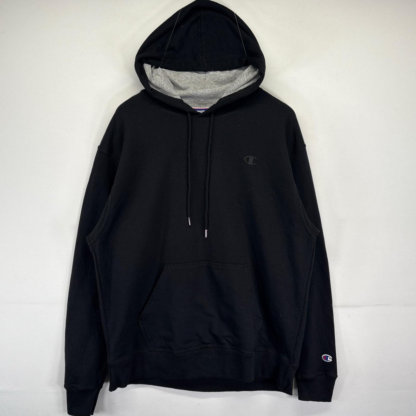 古着 チャンピオン Champion パーカー 無地 ワンポイントロゴ刺繍 フーディー スポーツ プルオーバー L  ブラック メンズ