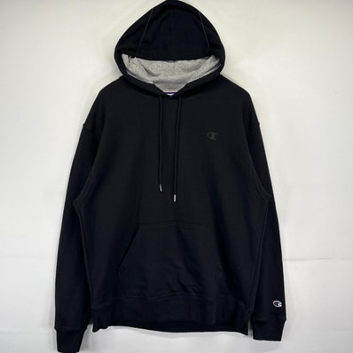 古着 チャンピオン Champion パーカー 無地 ワンポイントロゴ刺繍 フーディー スポーツ プルオーバー L ブラック メンズ