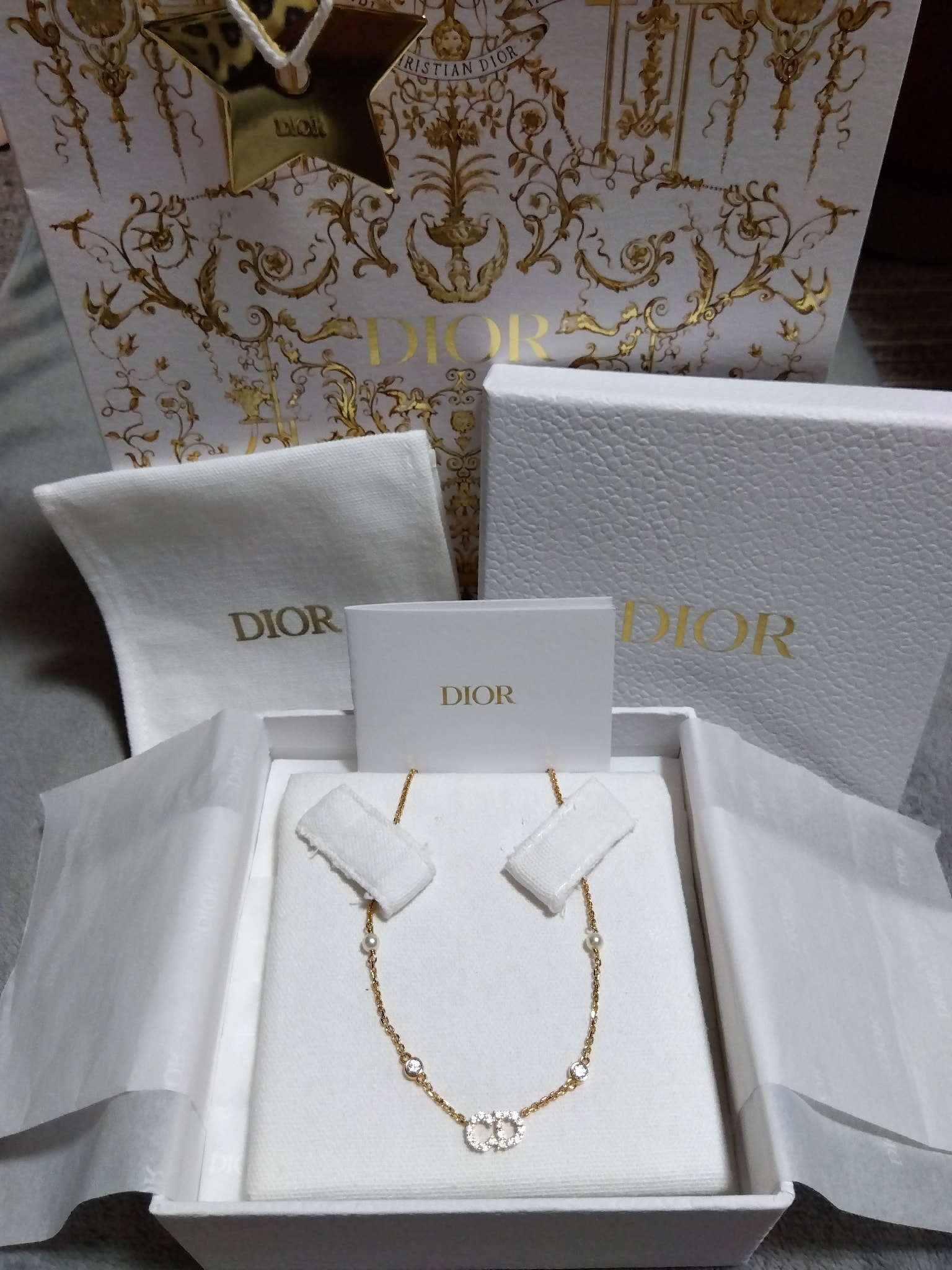 Dior Clair D Lune Necklace Metal Resin Pearls and Crystals "White/Gold"