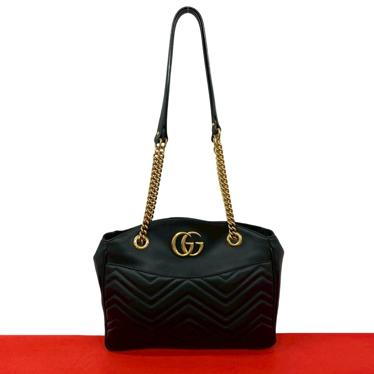 GUCCI グッチ GGマーモント ロゴ 金具 キルティング レザー トートバッグ ブラック
19117