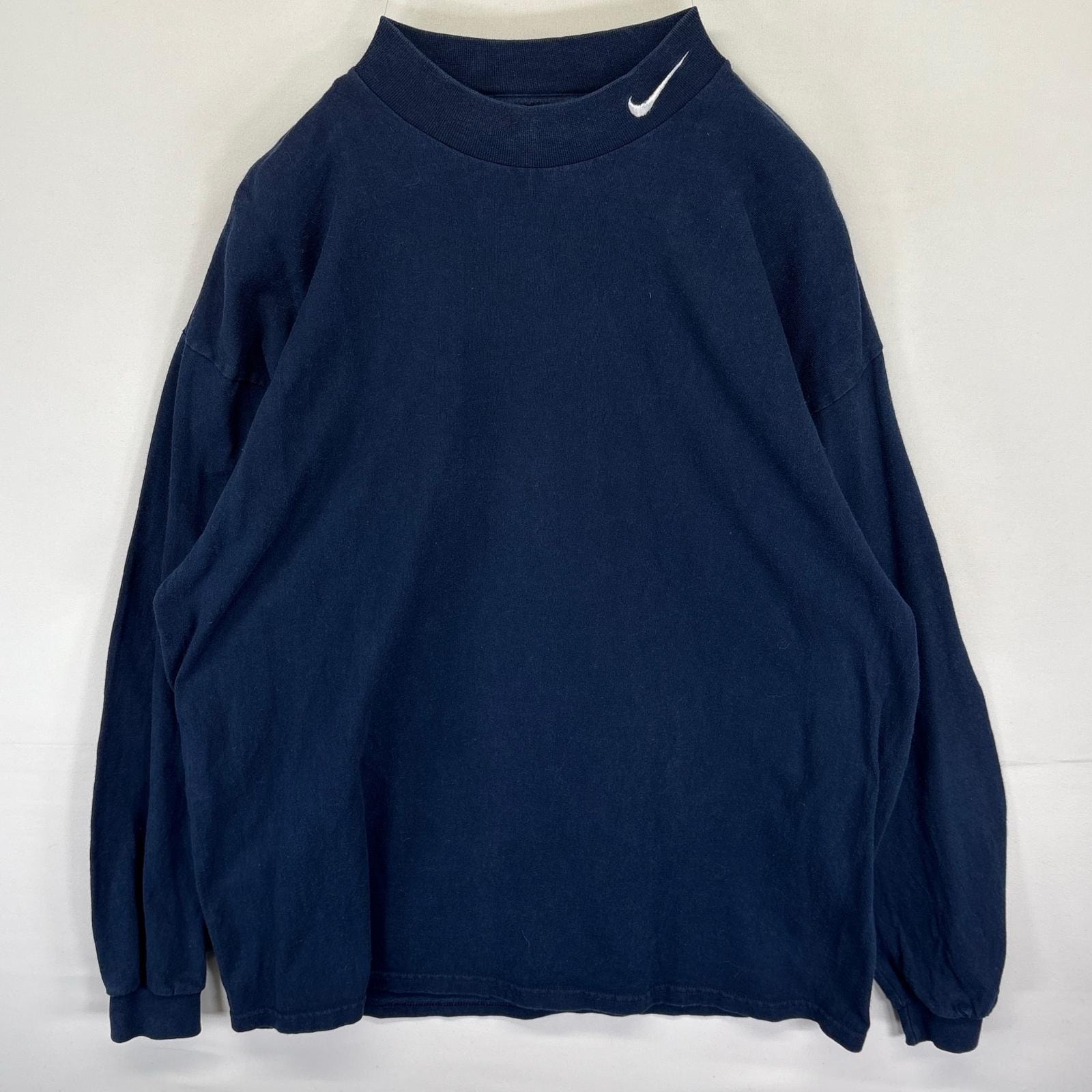 古着 90's/90年代 ナイキ NIKE USA製 長袖Tシャツ ロンT ハイネック 襟ワンポイントロゴ刺繍 大きいサイズ XL  ネイビー メンズ