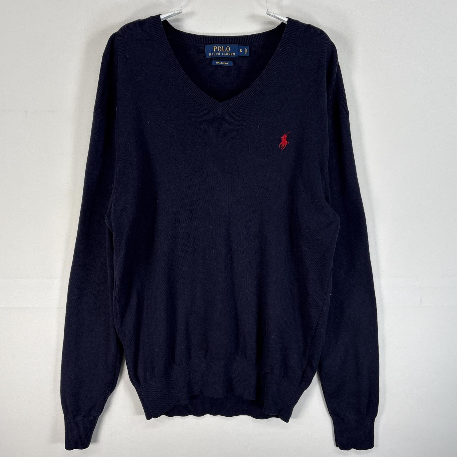 古着 ポロ・ラルフローレン POLO RALPH LAUREN 長袖 セーター ロゴ 刺繍 Vネック S  ネイビー 無地 メンズ