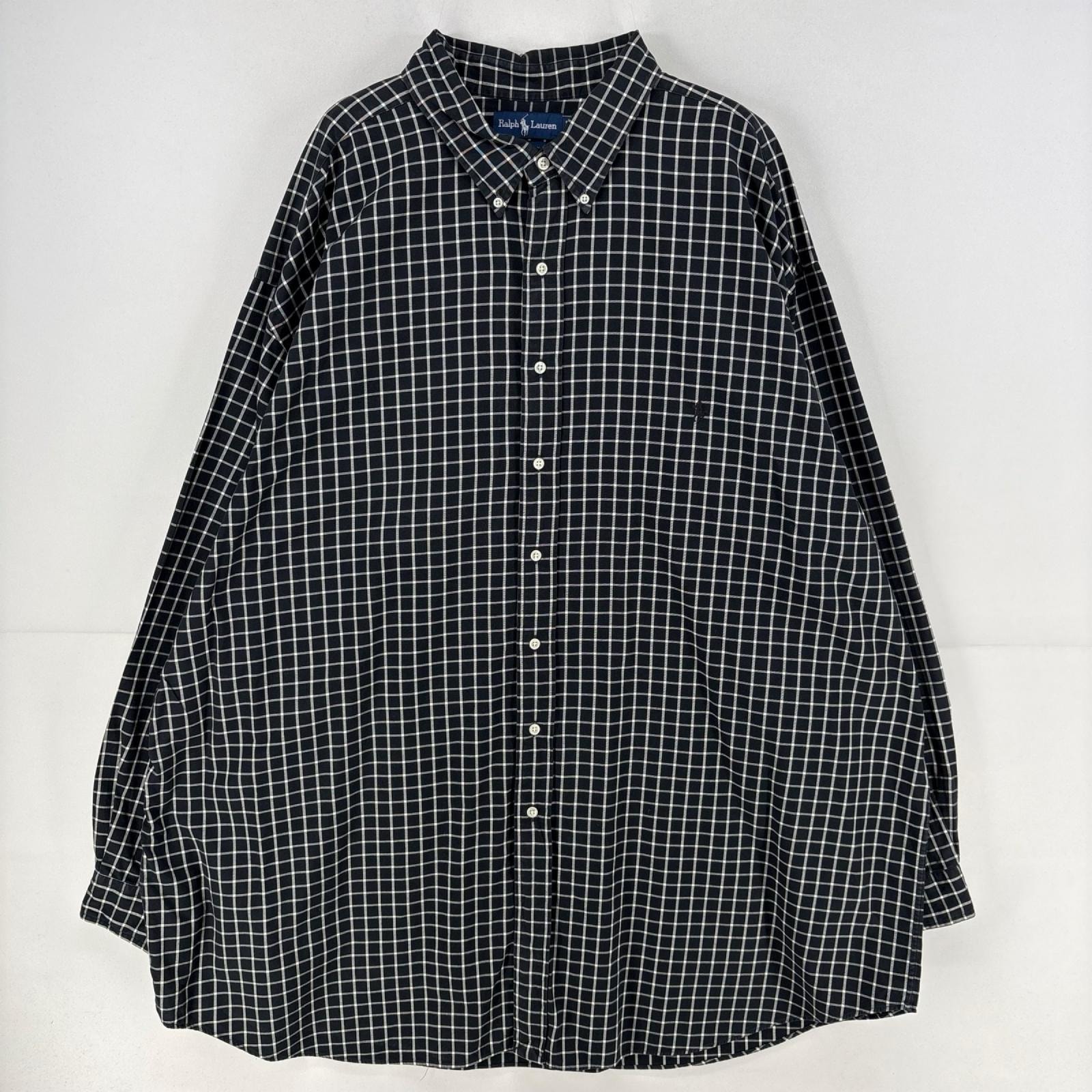 古着 ラルフローレン RALPH LAUREN 長袖シャツ ワンポイント ロゴ ボタンダウン 大きいサイズ 4XL  ブラック系 チェック メンズ
