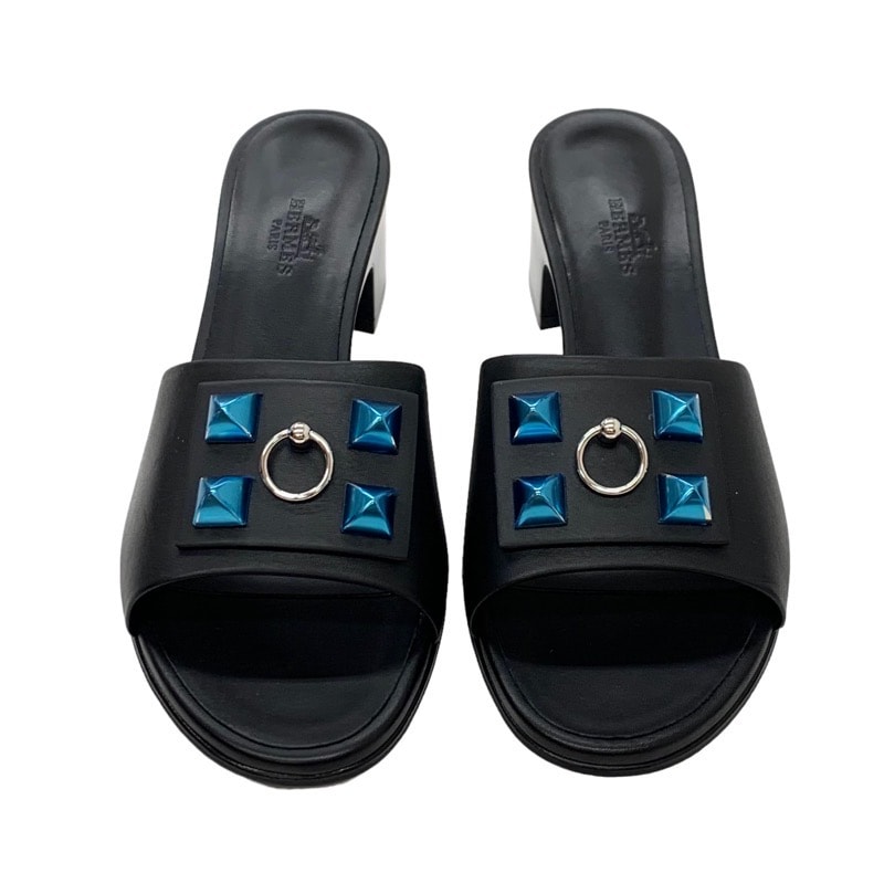 エルメス HERMES ドリーミー サンダル 靴 シューズ レザー ブラック シルバー 未使用 ミュール コリエドシアン スタッズ