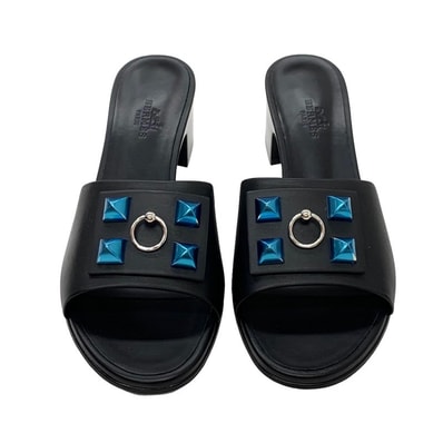 エルメス HERMES ドリーミー サンダル 靴 シューズ レザー ブラック シルバー 未使用 ミュール コリエドシアン スタッズ