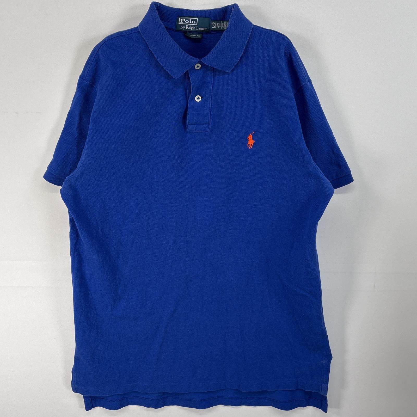 古着 90's/90年代 ポロバイラルフローレン Polo by Ralph Lauren 鹿の子 半袖 ポロシャツ ロゴ 刺繍 2ボタン L  ブルー 無地 メンズ