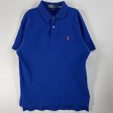 古着 90's/90年代 ポロバイラルフローレン Polo by Ralph Lauren 鹿の子 半袖 ポロシャツ ロゴ 刺繍 2ボタン L ブルー 無地 メンズ