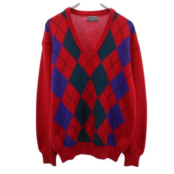 Christian Dior クリスチャンディオール 90s オールド ウール アーガイル 長袖 Vネック ニット M 赤系 セーター