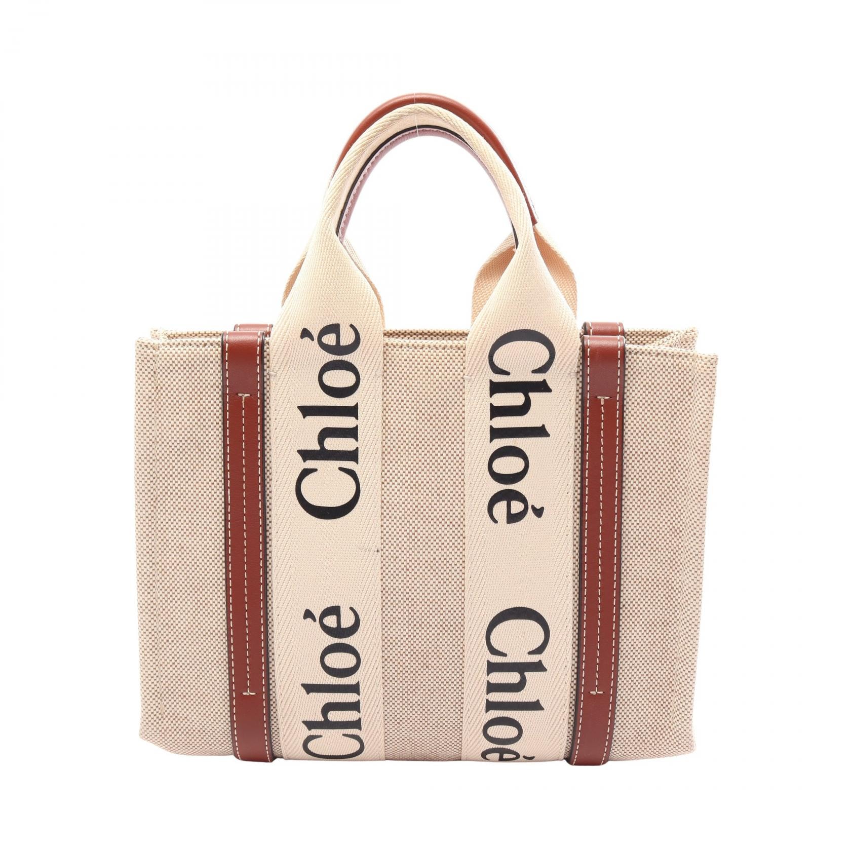 クロエ Chloe WOODY ウッディ スモール トートバッグ バッグ キャンバス レザー レディース ベージュ系 / ブラウン系 【中古】