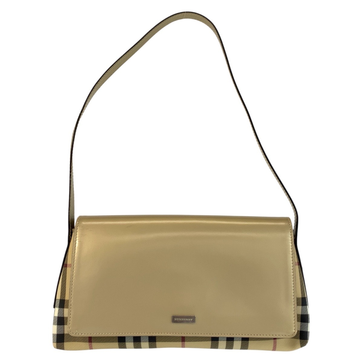 美品 BURBERRY バーバリー チェック柄 ベージュ ゴールド キャンバス レザー/ ショルダーバッグ 600851 【中古】