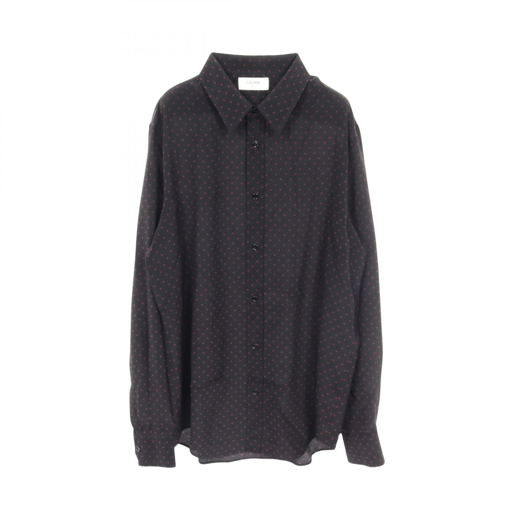 セリーヌ CELINE マイクロトリオンフプリント ルーズシャツ クレープ ド シーヌ 衣料品 トップス シルク メンズ ブラック系 / ボルドー系 【中古】