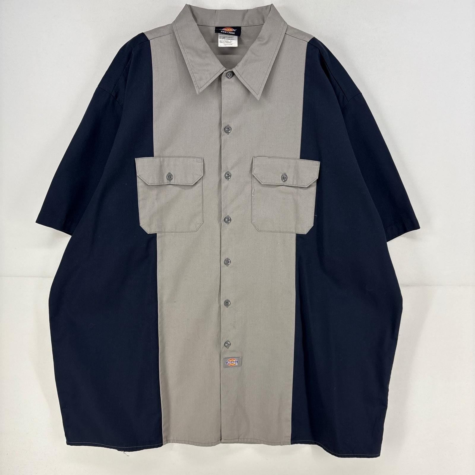 古着 ディッキーズ Dickies 半袖シャツ ワンポイント 胸ポケット 作業着 ワーク 大きいサイズ ツートンカラー 3XL  グレー メンズ