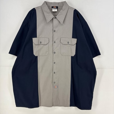 古着 ディッキーズ Dickies 半袖シャツ ワンポイント 胸ポケット 作業着 ワーク 大きいサイズ ツートンカラー 3XL グレー メンズ