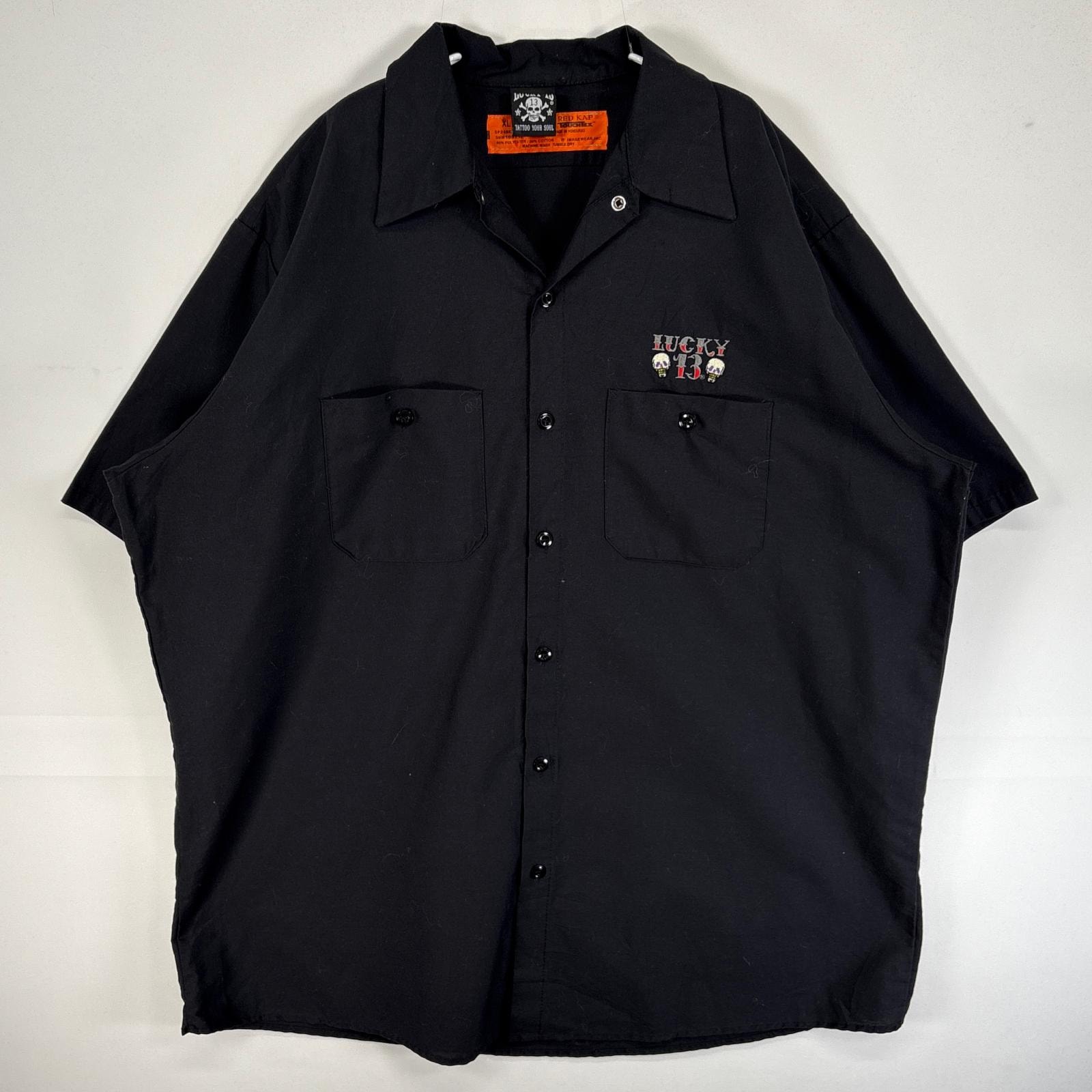 古着 レッドキャップ RED KAP 半袖シャツ ワーク 胸ポケ 大きいサイズ ラッキー13 刺繍 アンダーグラウンド XL  ブラック バックプリント メンズ