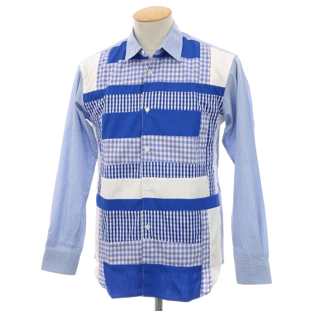 【中古】【未使用】コムデギャルソンシャツ COMME des GARCONS SHIRT 2025年秋冬 ストライプ チェック パッチワーク カジュアルシャツ ブルー系【サイズXS】【メンズ】