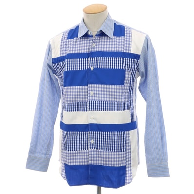 【中古】【未使用】コムデギャルソンシャツ COMME des GARCONS SHIRT 2025年秋冬 ストライプ チェック パッチワーク カジュアルシャツ ブルー系【サイズXS】【メンズ】