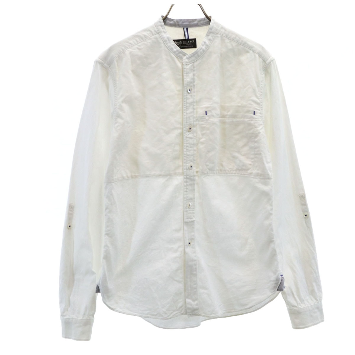 BEAMS ビームス 長袖 ノーカラーシャツ M ホワイト ロールアップ袖