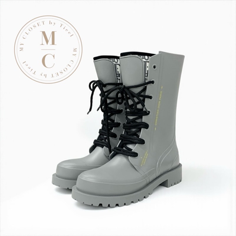 クリスチャンディオール CHRISTIAN DIOR ブーツ ショートブーツ 靴 シューズ ラバー グレー オブリーク レースアップ レインブーツ ミドル