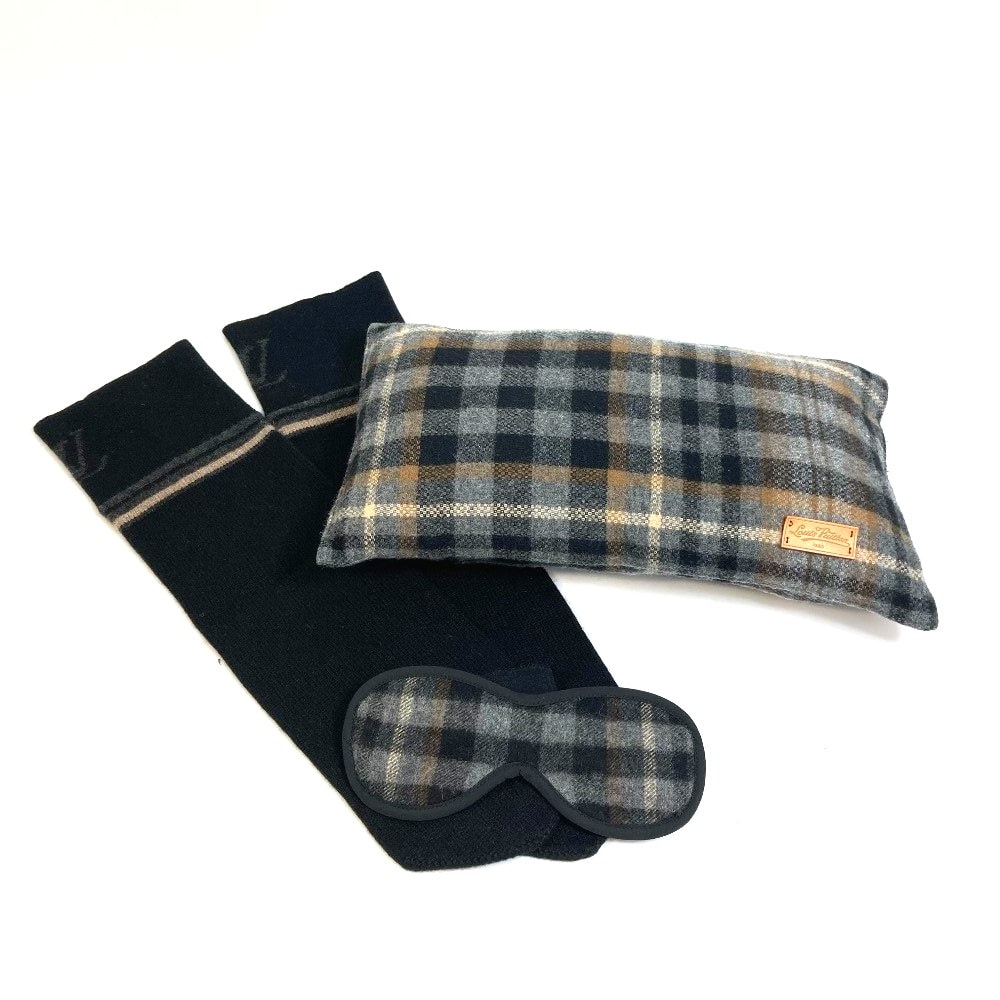 ルイヴィトン LOUIS VUITTON アイマスク 枕 靴下 3点 R99136 チェック トラベルセット クッション ウール グレー系