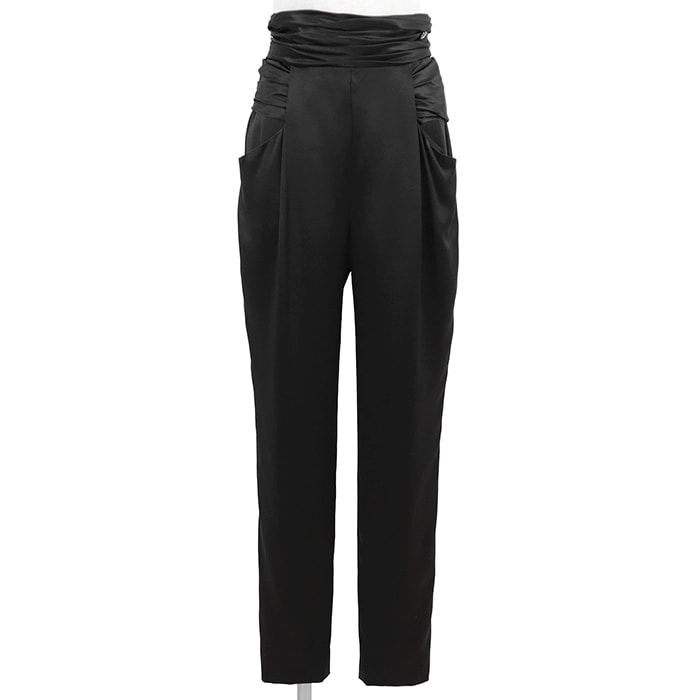 【美品】CHANEL シャネル シルクサテンパンツ サイズ 36 レディース P73174 シグネチャー ロゴ COCOマークビジューチャーム ハイウエスト バックファスナー ボトムス ブラック 黒 フランス製 ヴィルジニー・ヴィアール期