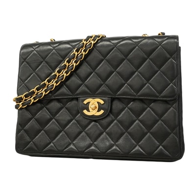 ★SALE【6ee5689-k】シャネル ショルダーバッグ デカマトラッセ Wチェーン ラムスキン ブラック ゴールド金具【中古】レディース