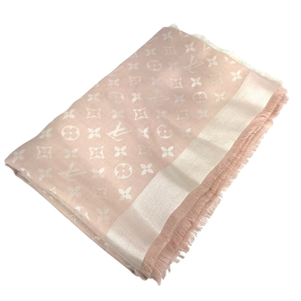 ルイヴィトン LOUIS VUITTON モノグラム ショール 不明 総柄 ストール マフラー フリンジ ショール ウール ピンク
