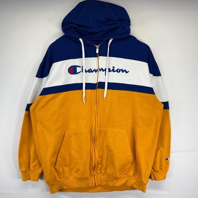 古着 チャンピオン Champion パーカー 大きいサイズ フルジップ ビックロゴ刺繍 フーディー 3XLT マルチカラー メンズ
