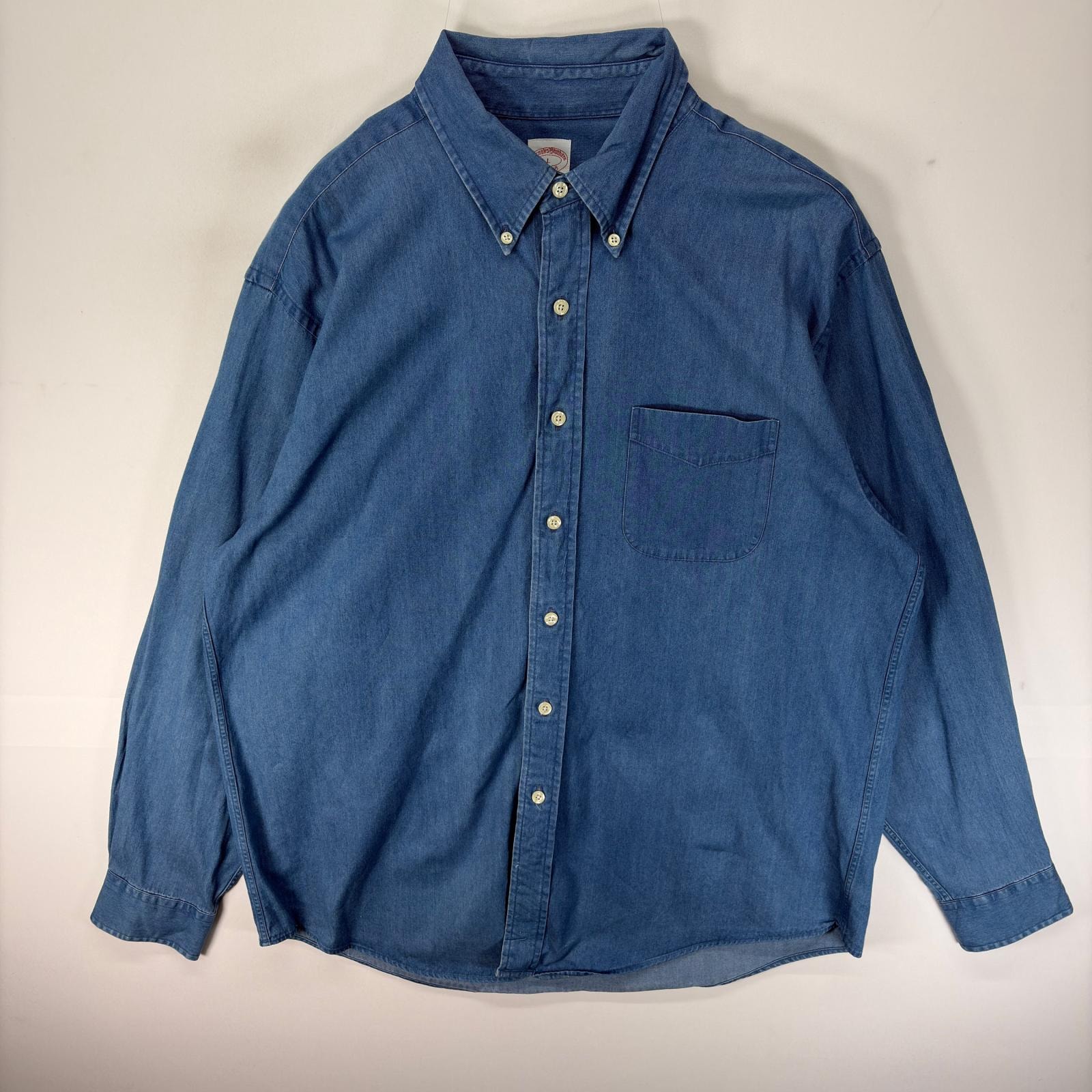 古着 ブルックスブラザーズ Brooks Brothers デニム 長袖シャツ ボタンダウン 胸ポケット L  ブルー系 無地 メンズ
