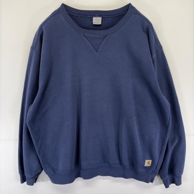 古着 カーハート Carhartt スウェット Vガゼット ワンポイントロゴ トレーナー 大きいサイズ 2XL ネイビー系 メンズ