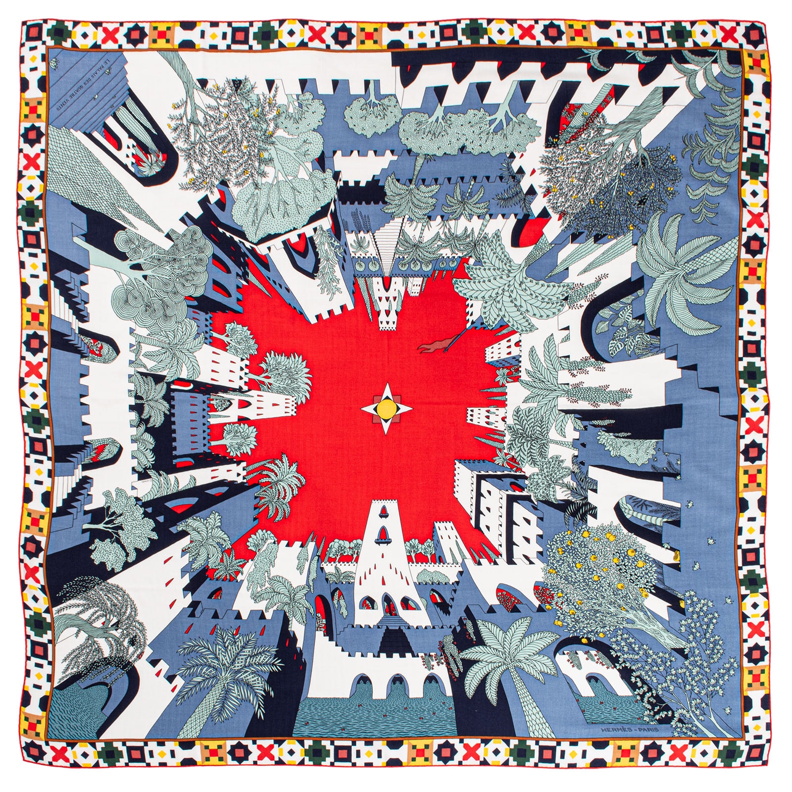HERMES エルメス スカーフ カレ140 カレジェアン Le Palais des Quatre Vents 四の風が吹く城 244312S 05 2026SS カシシル ストール ショール カシミヤ・シルク レッド ブルー【中古】