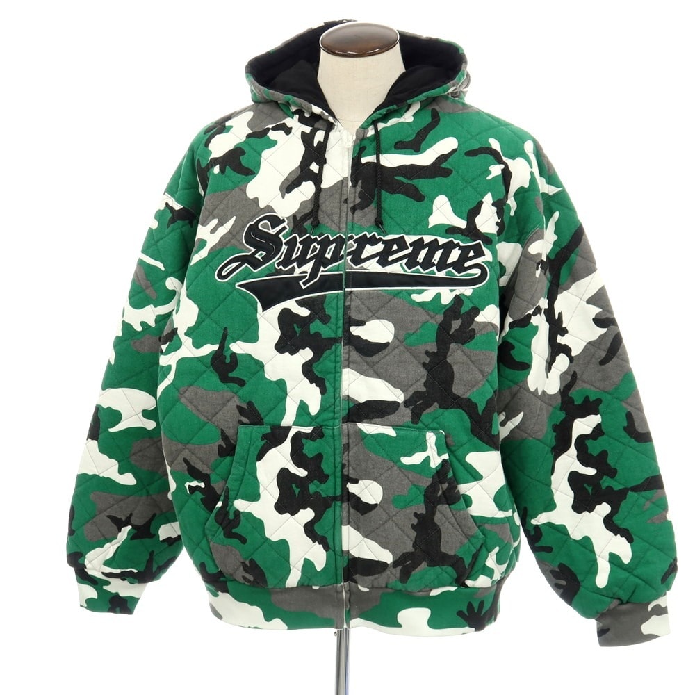 【中古】シュプリーム Supreme 2025年秋冬 Quilted Zip Up Hooded Sweatshirt カモフラ パーカー グリーンxブラック【サイズXXL】【メンズ】